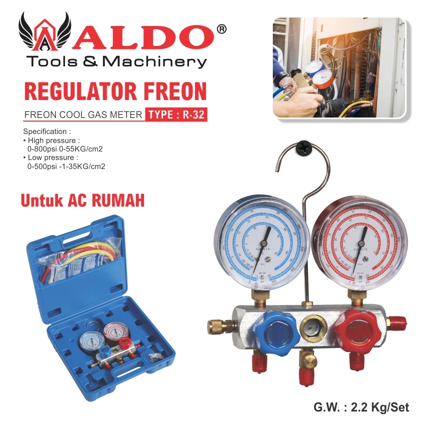 REGULATOR FREON R-32 UNTUK AC RUMAH / ALAT UKUR TEKANAN FREON / MANIFOLD MERK ALDO