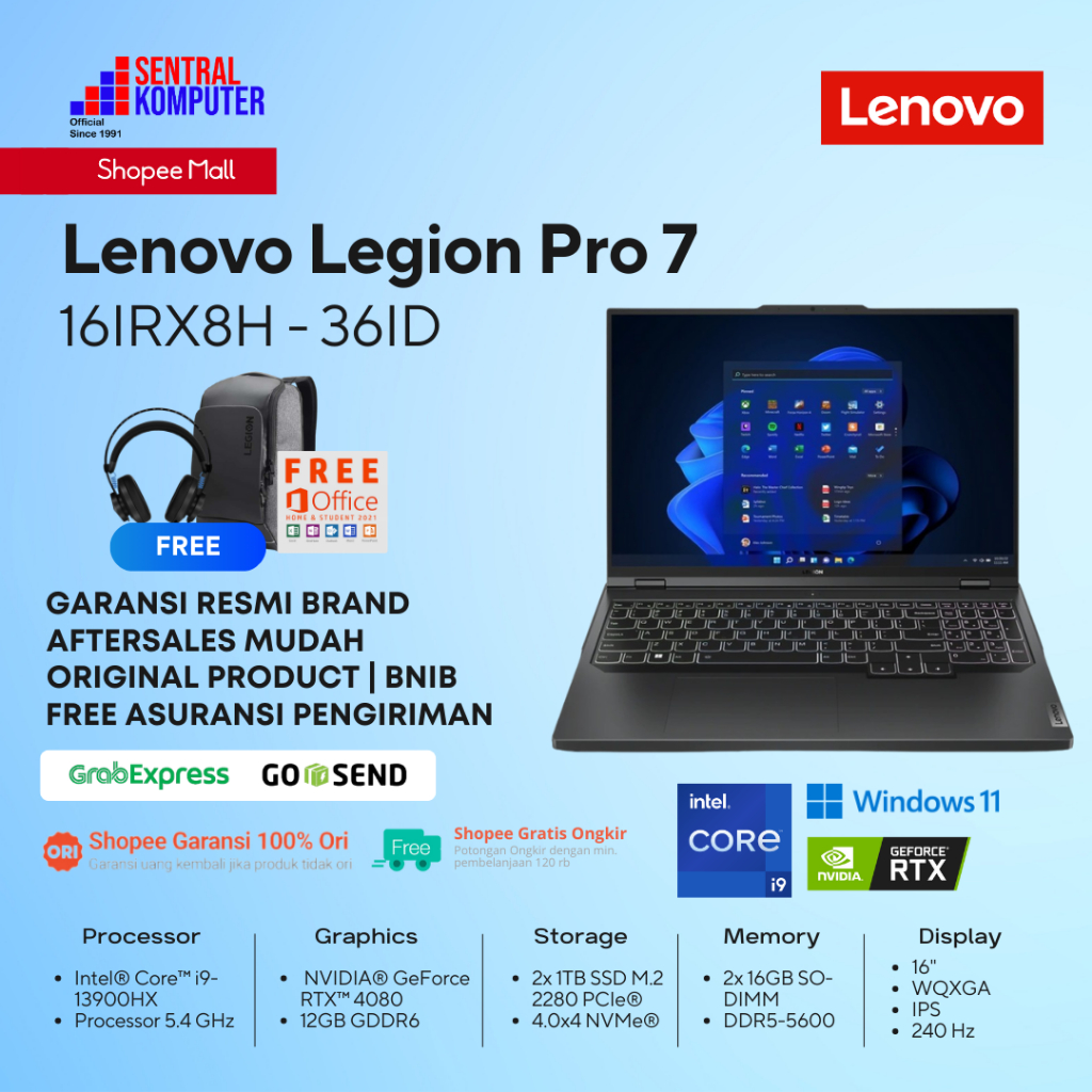 LENOVO LEGION 7 PRO 16 RTX4080 CORE I9 13900HX 32GB 2TB SSD OHS 16"QHD