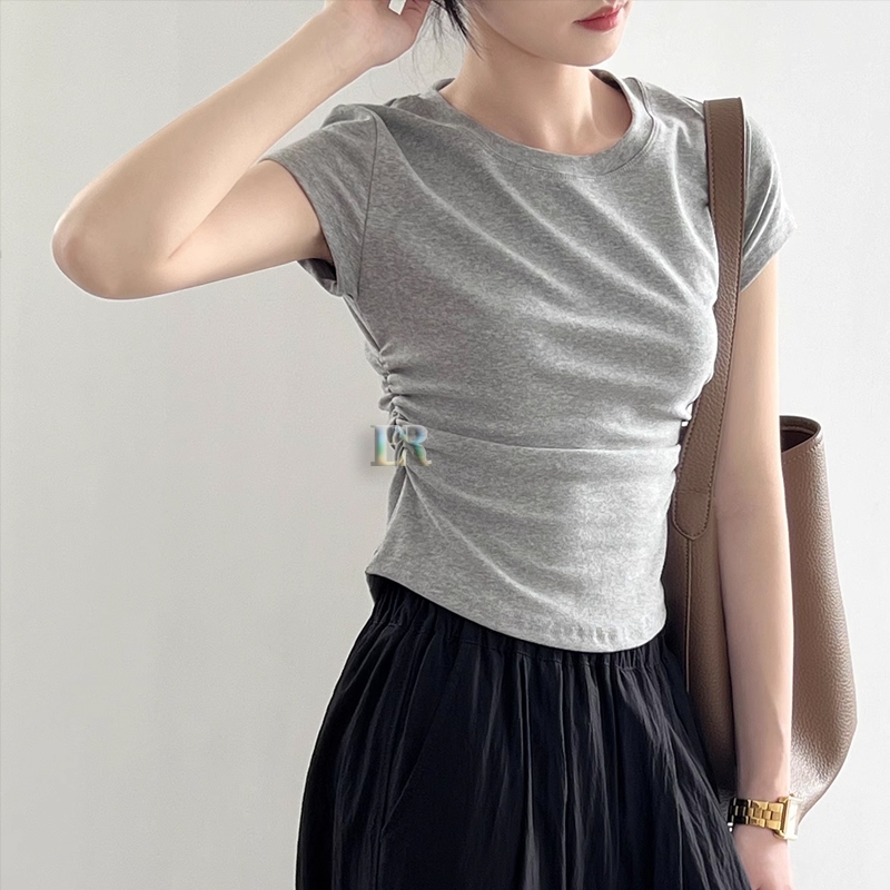 LNR Shop Atasan Kaos Serut Samping Lengan Pendek Bahan Cotton 40S Crop Top Korean Style Kasual Casua