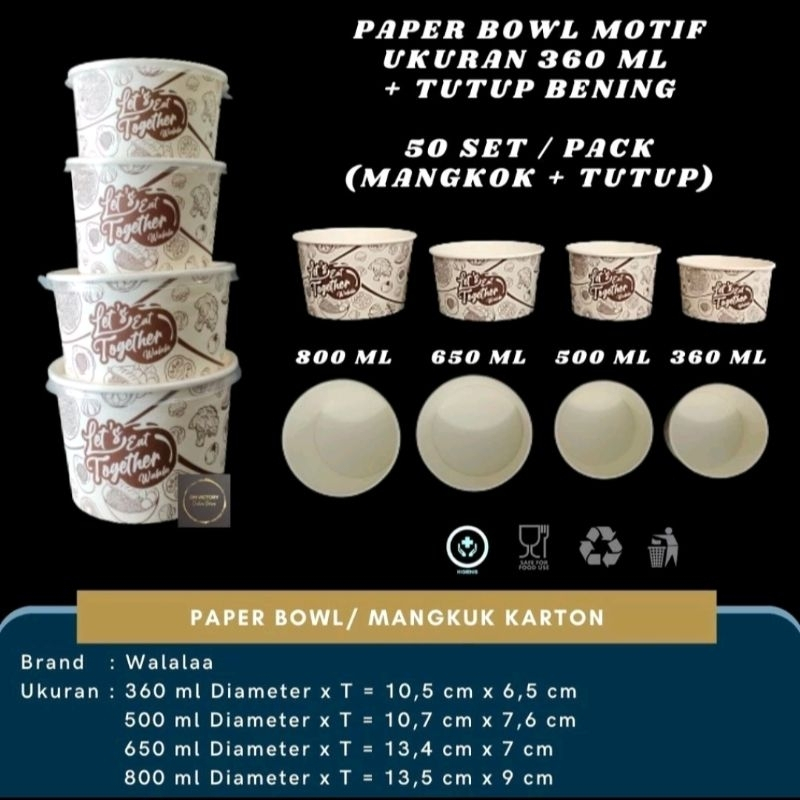 PAPER BOWL MOTIF 360ML 500ML 650ML 800 ML ISI 50 SET TUTUP WALALAA MANGKOK RICE BOWL KECIL MANGKOK K