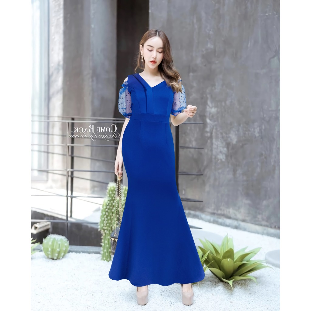 Joanne Fashion - Long Dress Wanita Pesta Mewah Formal Elegan Simple Lengan Puff Tile Rok Duyung Merm