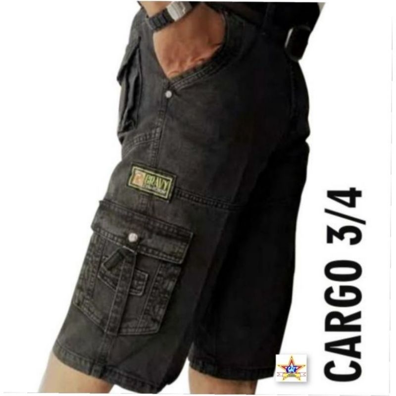 celana cargo pendek pria bahan semi jeans 3/4 di bawah lutut