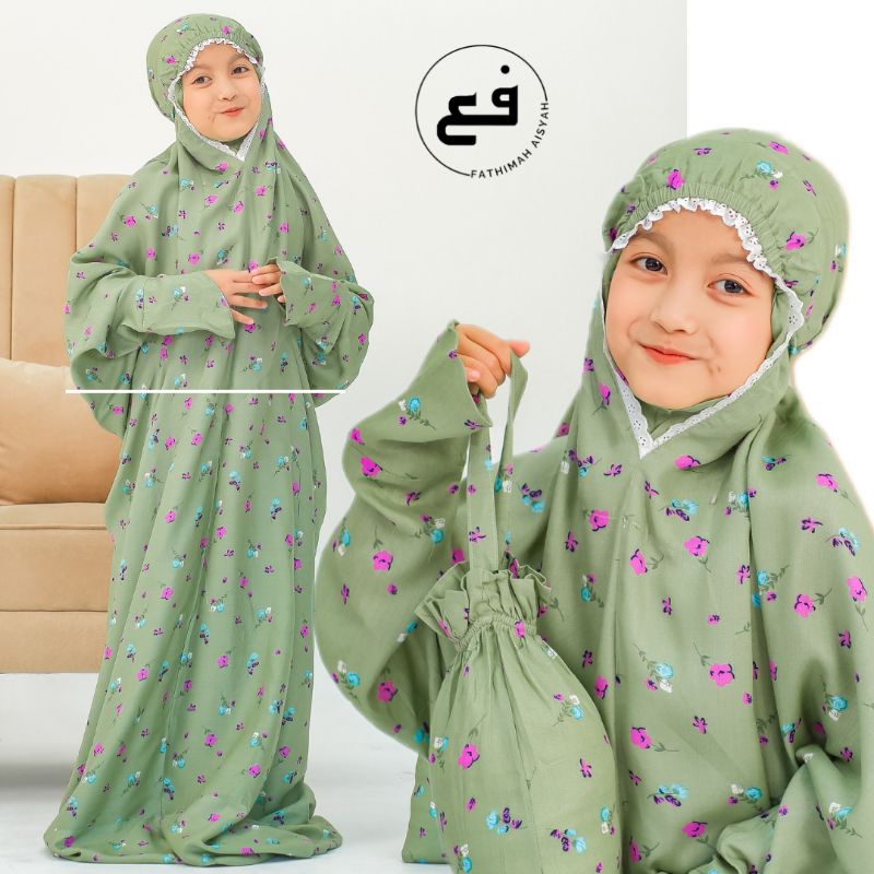 Mukena terusan anak rayon print bunga lajuran adem