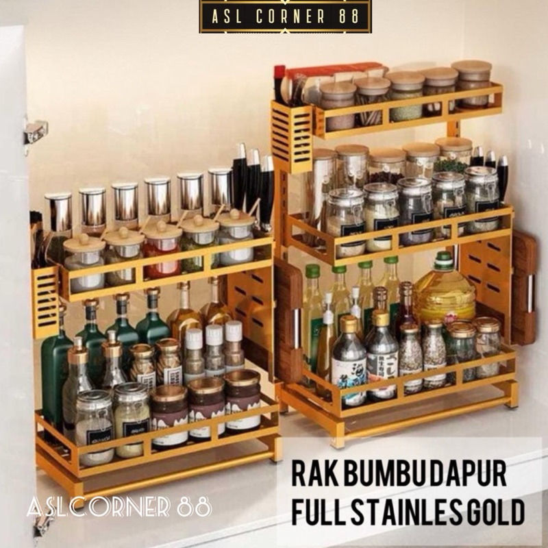 Rak Bumbu Dapur SS304 Gold/Tempat Bumbu Tembok Dapur/Tempat Bumbu Meja Dapur/Wadah Bumbu Gold