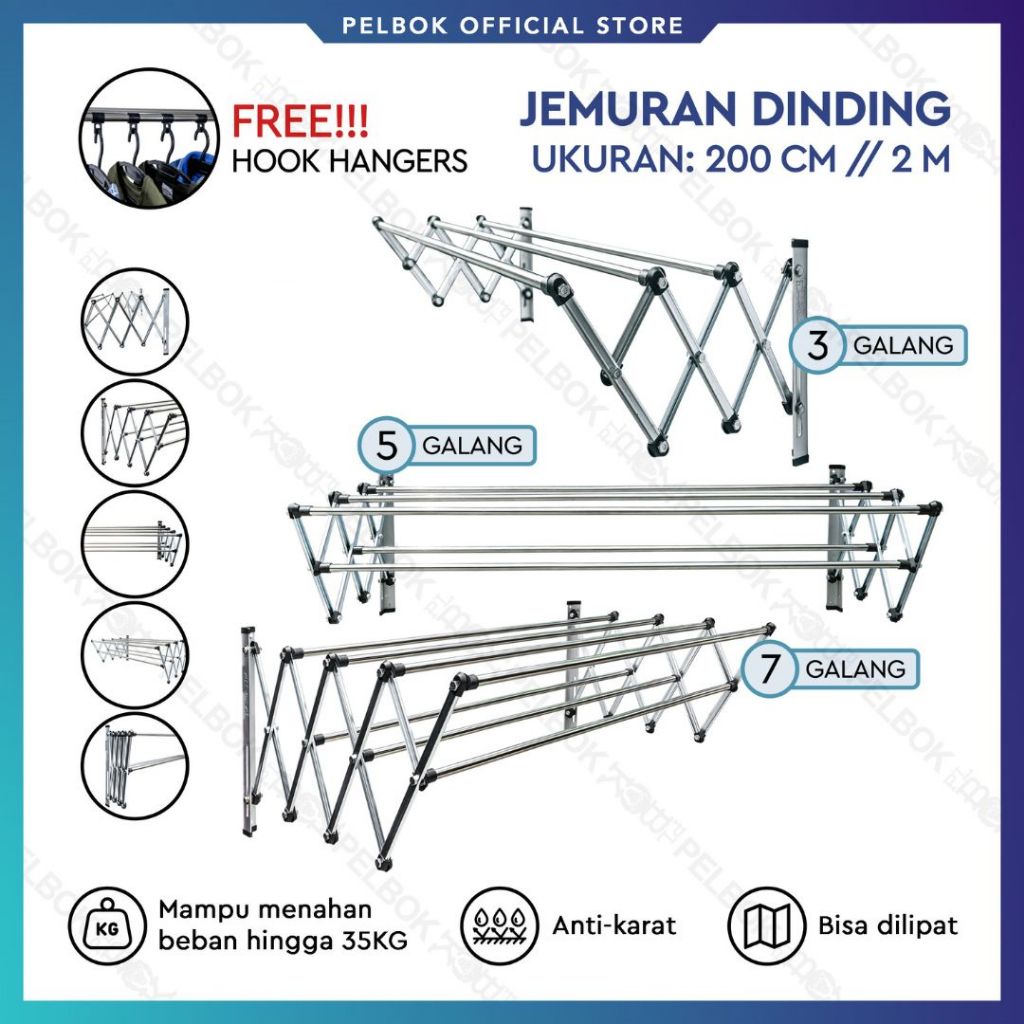 PELBOK Jemuran Baju Dinding Lipat 200 cm Stainless Anti Karat 2 Meter