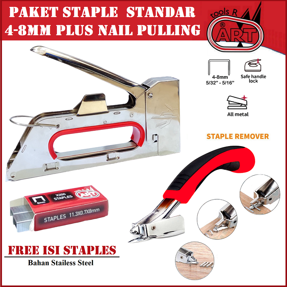 

PAKET ART Staple Gun 4-8mm R23 Staple Gun Trecker Staple Tembak PLUS Stapler Remover Nail Pulling Alat Pencabut Isi Staples