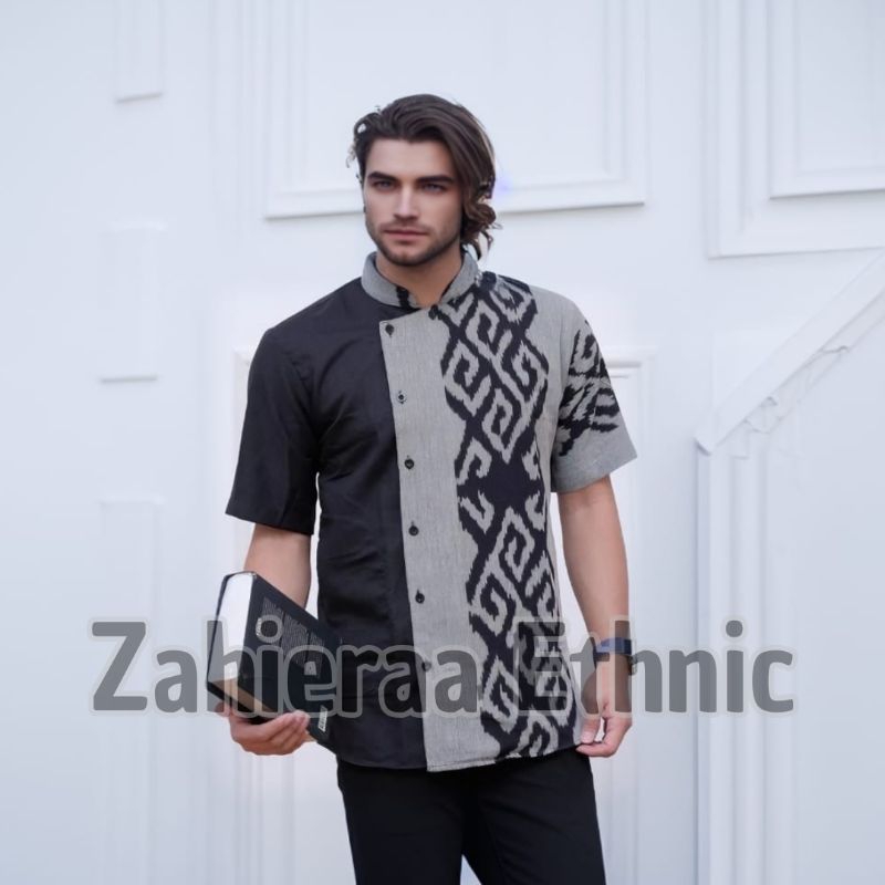 Baju Atasan Kemeja Hem Batik Tenun Pria Casual Lengan Pendek - Baju Batik Tenun Pria - Kemeja Tenun 