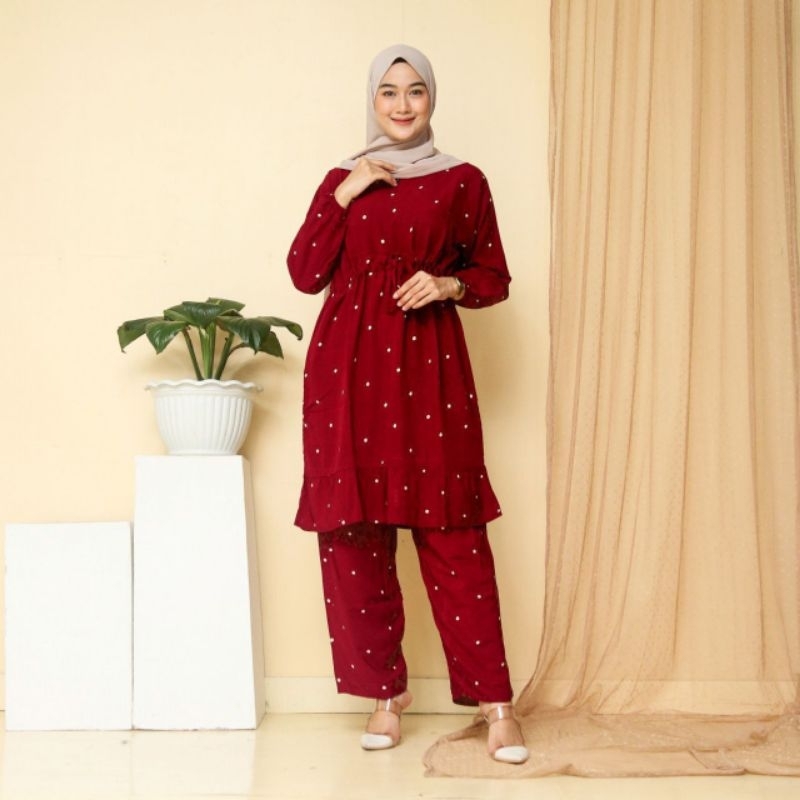 SETELAN TUNIK POLKA BUSUI RAYON PREMIUM TALI SERUT BATIK SEKAR ARUM