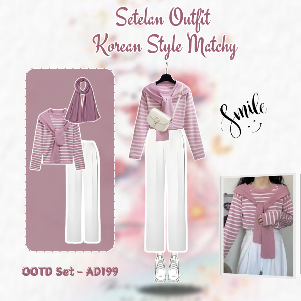 One Set Wanita Remaja Kekinian Korean Style 3 In One Set Terbaru Celana Sweater Hijab Set - AD199