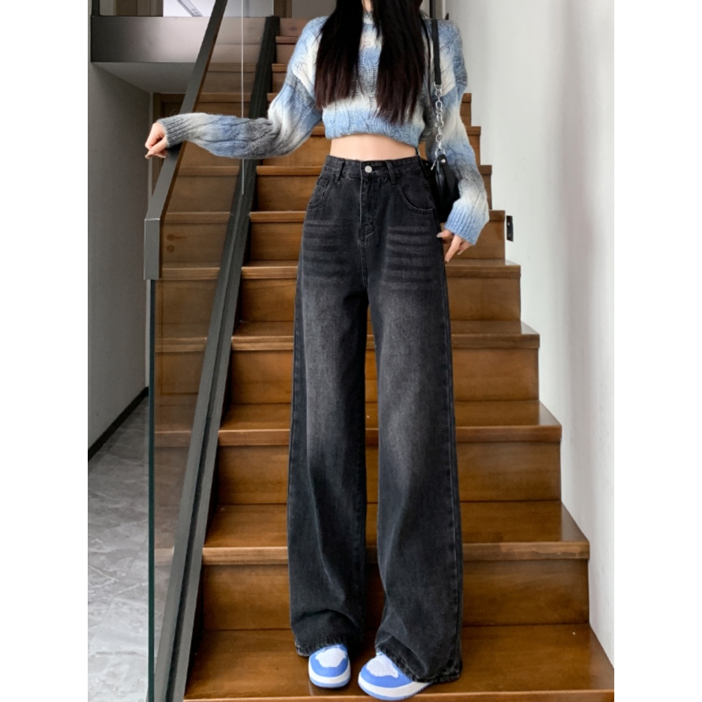 Hitam abu Highwaist Kulot Fashion Celana Jeans Wanita Loose Import