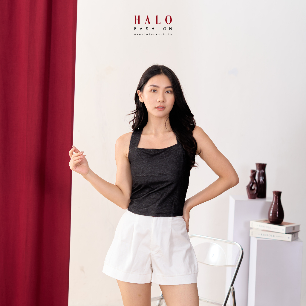 [HaloFashion] Olla Square Neck Crop Top Seamless Tali Silang Belakang-Tank top Atasan Wanita