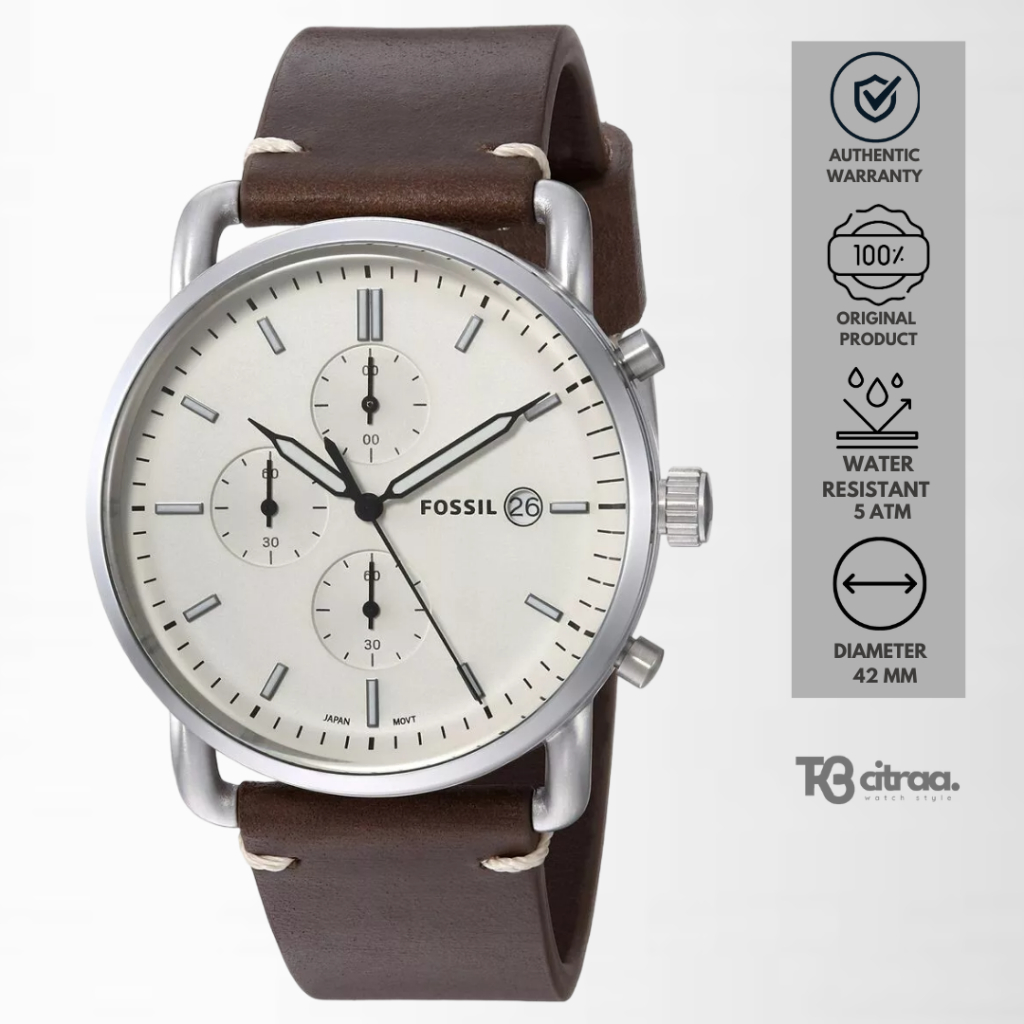 jam tangan fashion pria Fossil The Commuter analog strap kulit Chronograph men Beige Dial Brown Leat