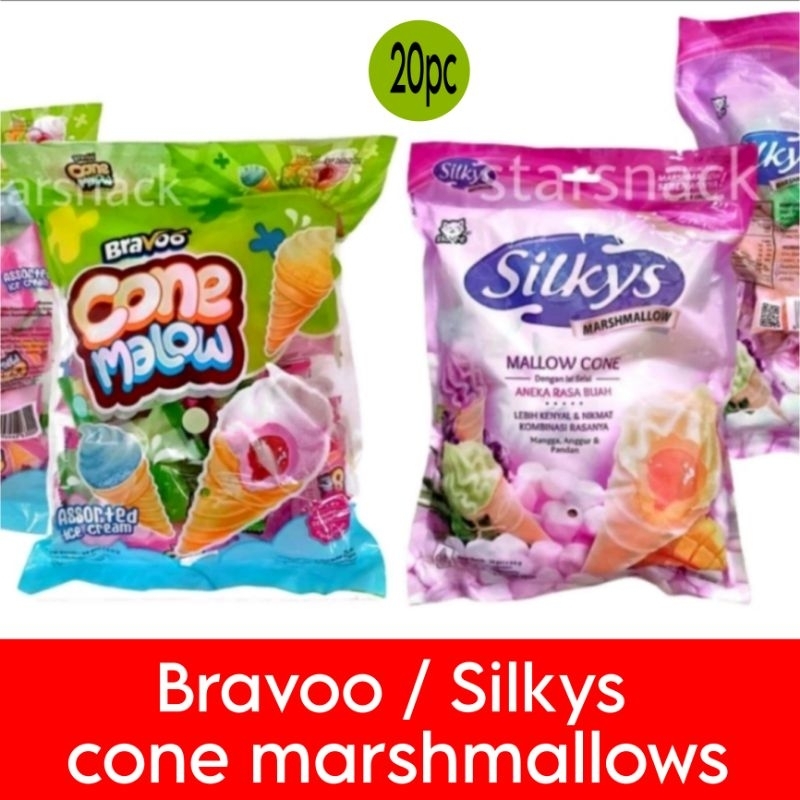 

Bravoo Conemalow Silkys cone marshmallow isi 20pc