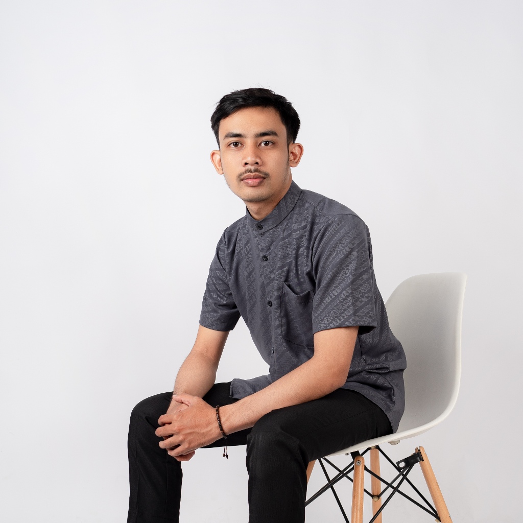 Khaf97 Kemeja Koko Shanghai "BAIREL BATIK" Kemko Laki-laki Dewasa Tangan Pendek Katun Embos Abu-Abu