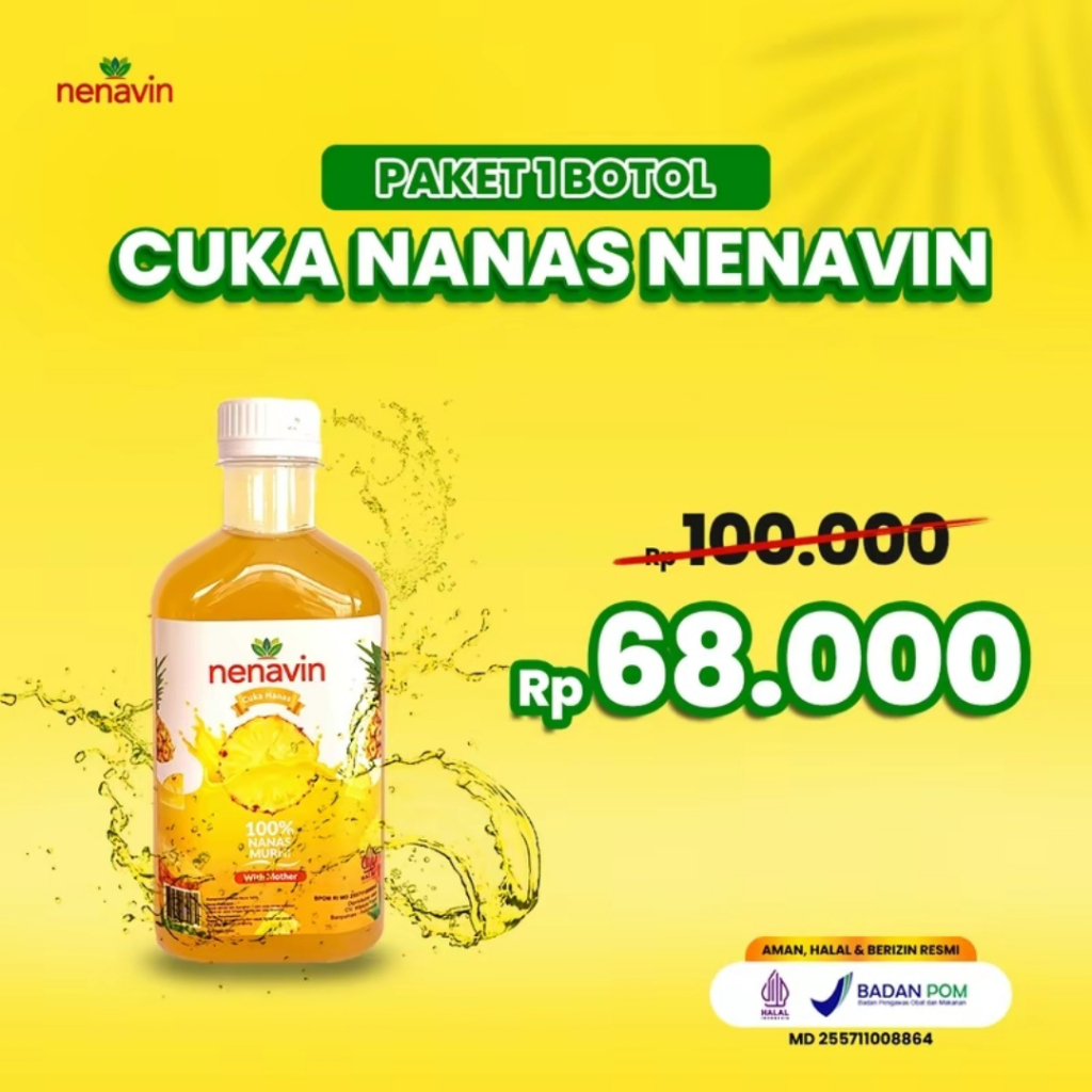 

NENAVIN 1 Botol | Cuka Nanas | 280 ML | Original | Terdaftar BPOM & Halal | Minuman Bebas Gula