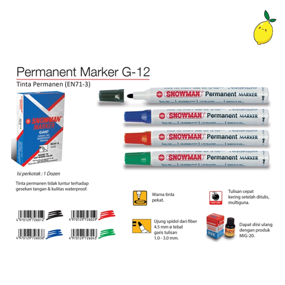 

Spidol Permanen Snowman G-12 / Permanent Marker Spidol Warna Permanen