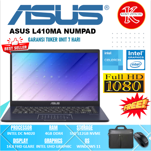 Promo Laptop Asus Vivobook L410MA Intel N4020 Ram 4GB Ssd 512 gb Black