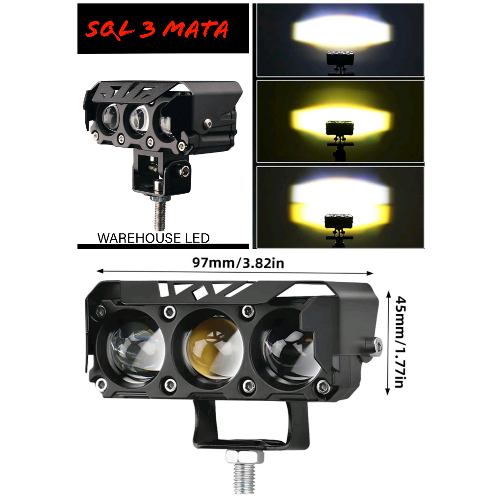 LAMPU TEMBAK LASER SQL 3 MATA SUPER TERANG HI LOW PUTIH - KUNING BUAT MOTOR DAN MOBIL
