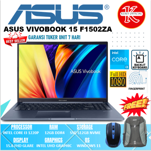 Laptop Kerja Asus Vivobook 15 F1502ZA Intel Core i3 Gen 12 Terbaru Ram 12GB ssd 512 GB Grey