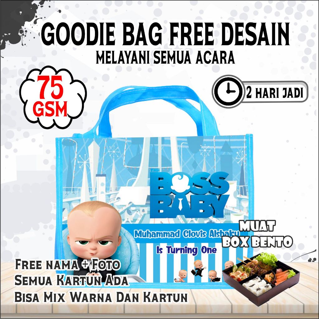 

TAS MUAT BOX BENTO ULANG TAHUN GAMBAR BOSS BABY/ GOODIE BAG ULANG TAHUN ANAK/tas ultah/goodie bag