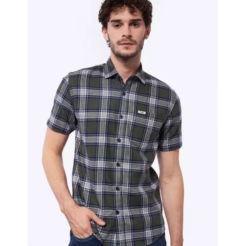 Kemeja Wrangler flanel Original Lengan pendek Olive