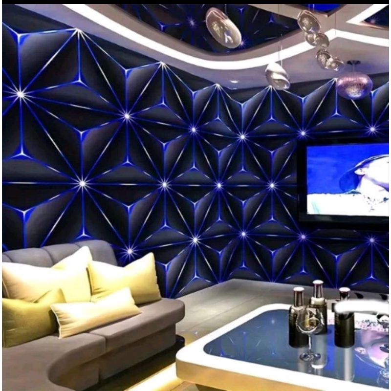 Wallpaper Sticker Dinding Kristal 3D Biru Dekorasi Dinding Ruang Karaoke Kafe Ruang Tamu Mewah Elega