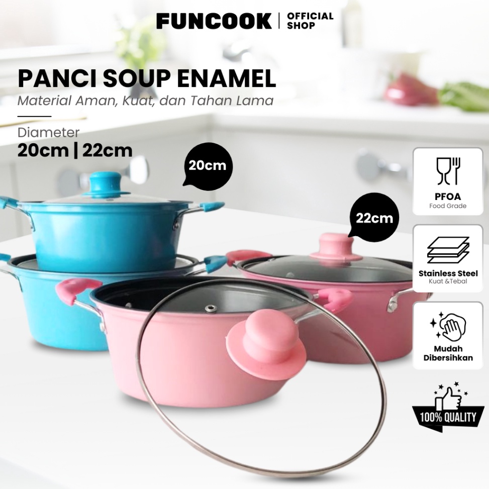 Special Pr FUNOK Panci Enamel Warna Anti lengket Tutup kaca  Panci kuah Sup