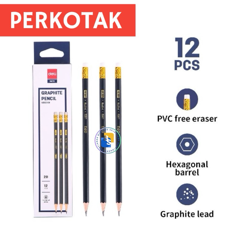 

12 Pcs - Pensil DELI Graphite Pensil hitam pekat dengan penghapus bebas PVC tidak beracun EU20200 ISI 12 PCS
