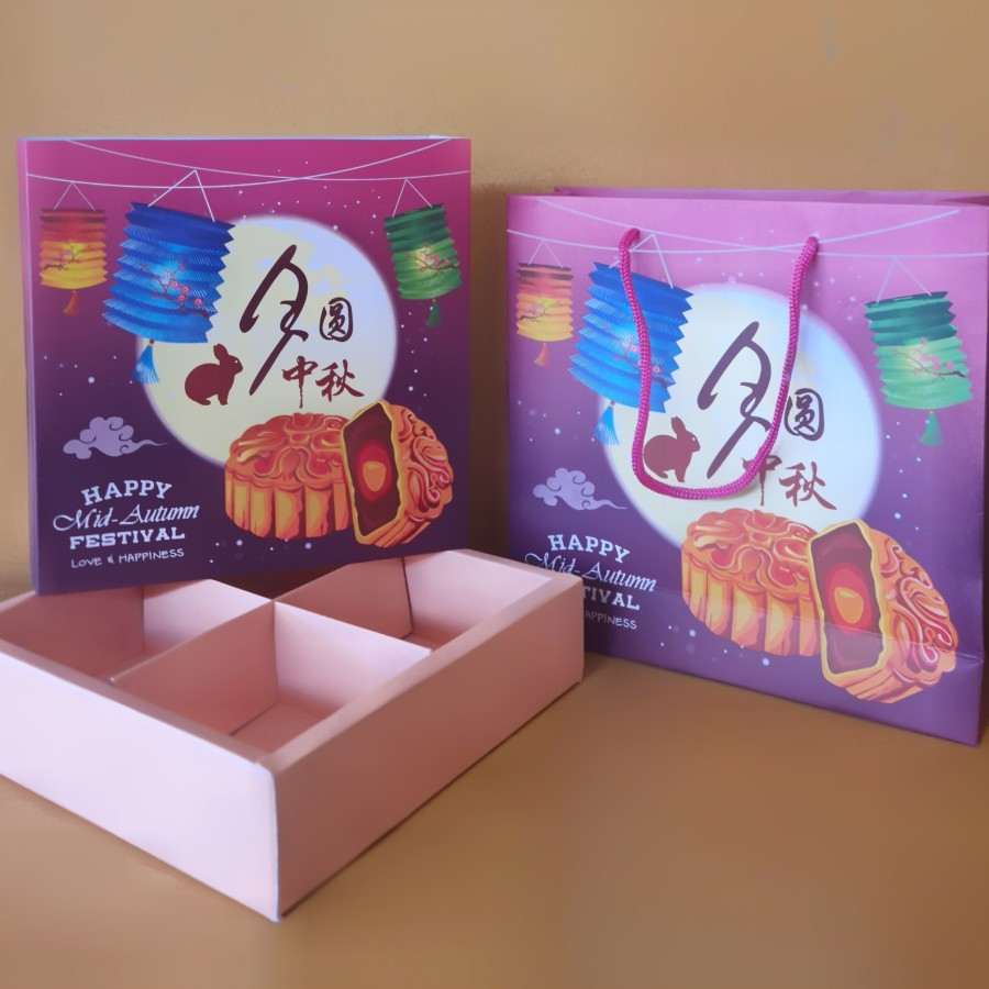 

(5 set) dus kotak mooncake sekat 4 box kue bulan 100gr dan paperbag packaging hantaran mid autumn festival