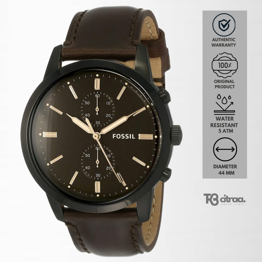jam tangan fashion pria Fossil Townsman analog strap kulit men Chronograph Dark Brown Dial Brown Lea
