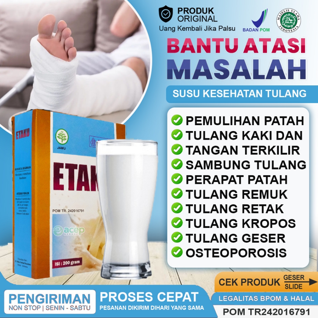 

Obat Pemulihan Patah Tulang Sambung Tulang Patah Perapat Tulang Patah Menyembuhkan Patah Tulang Kaki Tangan Paha Tulang Retak Remuk Cedera Tulang Bengkok Pereda Patah Tulang Kropos Tulang Bergeser Vitamin dan Suplemen Untuk Tulang | SUSU ETAKU GOAT MILK