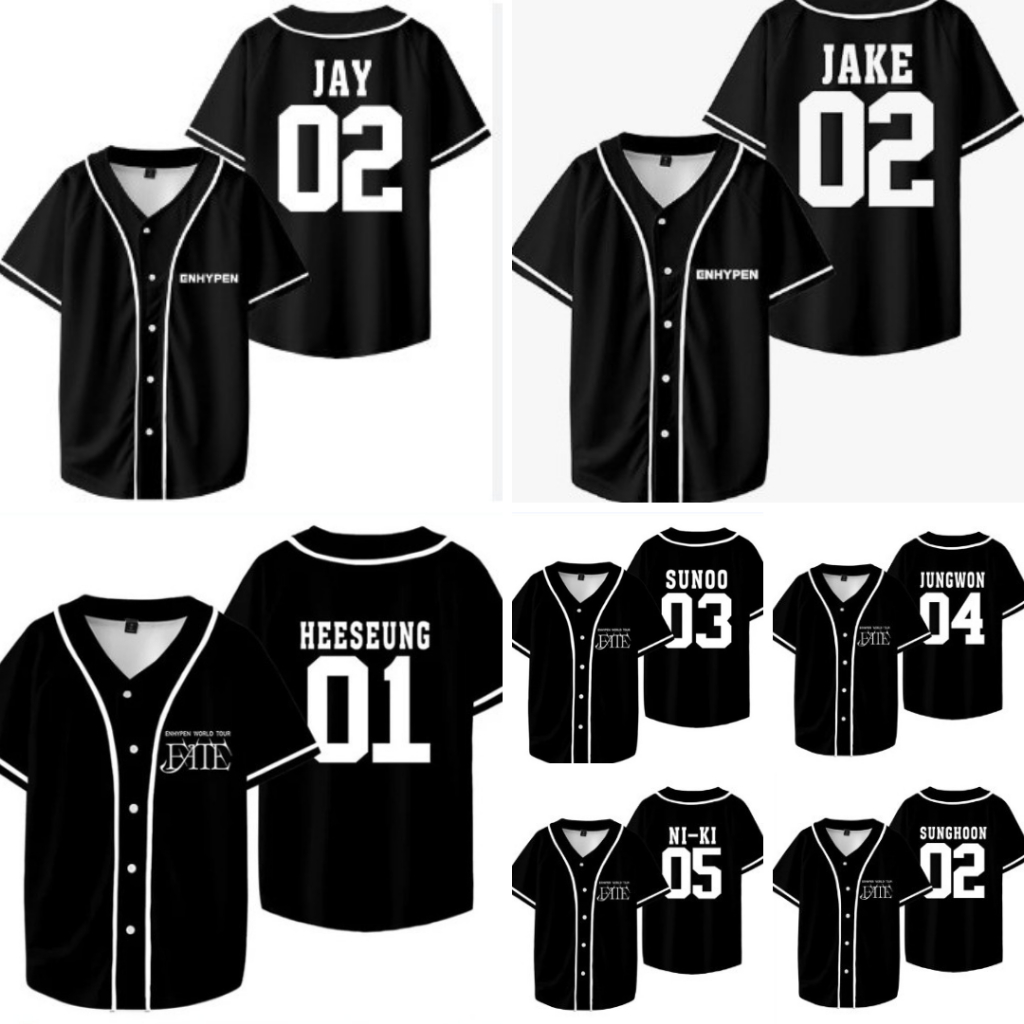 Baju jersey baseball enhyp hitam kpop atasan kemeja olahraga korea jungwon heeseung niki sunghoon ja