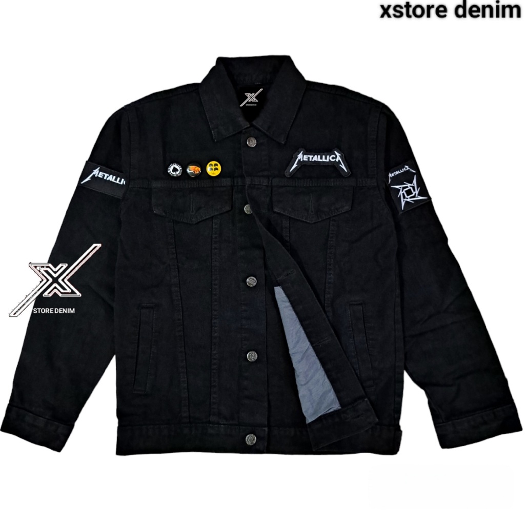 Jaket Jeans Denim Casual Bordir Emblem dengan pin ( hitam black metallica )