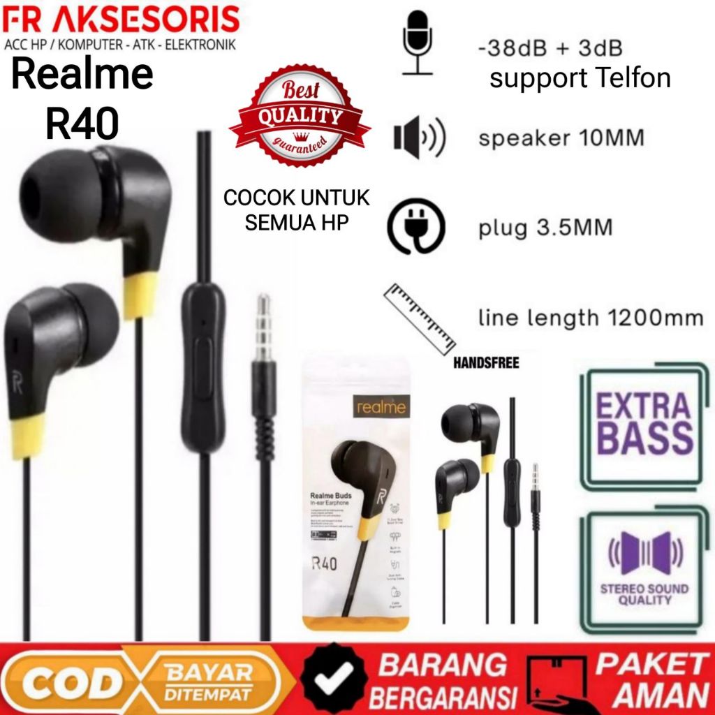 Headset Realme R40 with microphone Earphone Realme R40 Bass Stereo