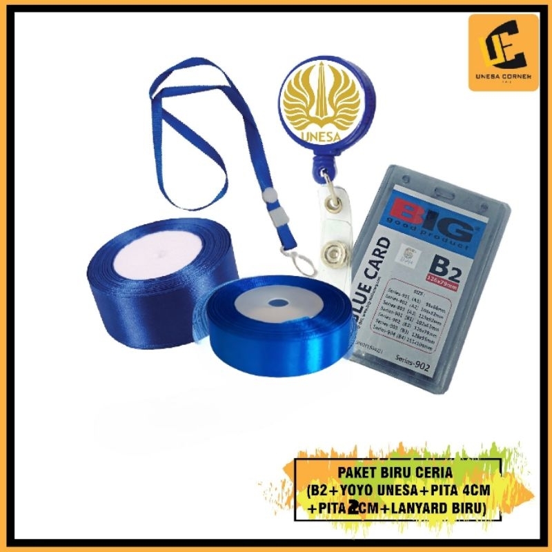 Paket Biru Ceria (pin/id card yoyo biru unesa + pita 4cm + pita 2cm + B2 + tali id card biru)