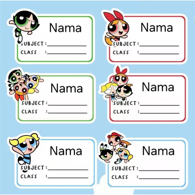 

PO 3 hari (Bentuk Kotak) Stiker Sticker Nama Anak untuk di tempel di buku tulis atau buku paket Pelajaran gambar Powerpuff girl blossom bubble buttercup