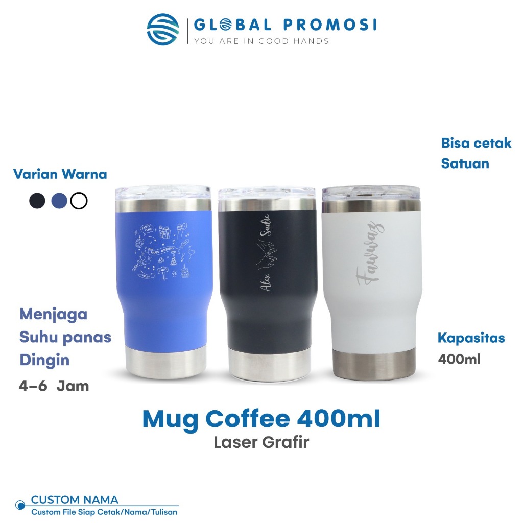 Custom Mug Stainless Coffee 400ml Gelas Minum Cetak Nama / Logo Souvenir Laser Grafir