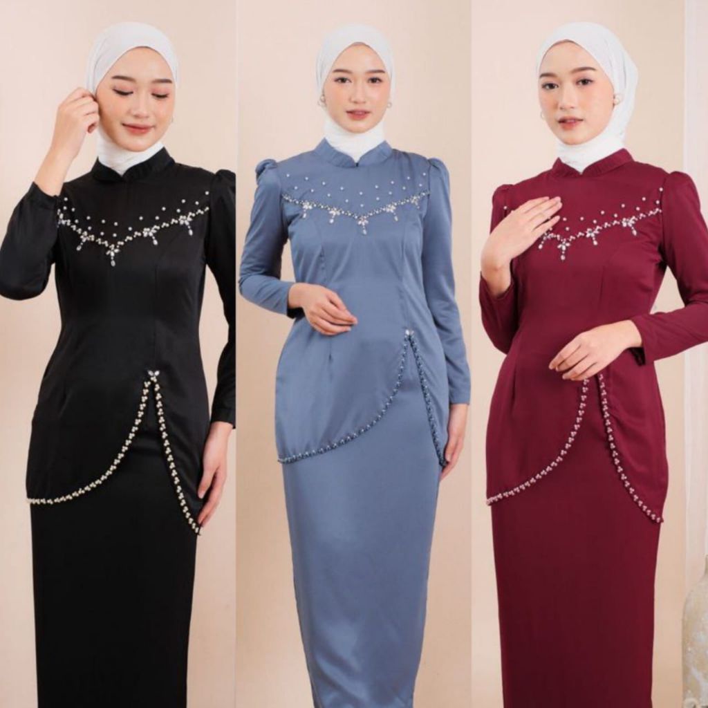 Oneset Felicya Kurung Melayu Malaysia Dress Pesta Setelan Wanita Set Baju Kondangan Satin Premium