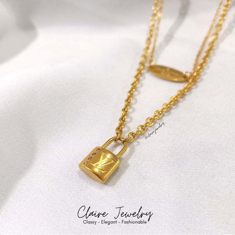 [CLAIRE JEWELRY] - Kalung Tas Titanium 2 Layer - Kalung LV Titanium Gold - Kalung Bandul Tas Titaniu