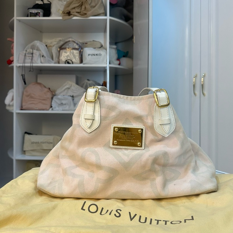 Louis Vuitton LV Authentic Pink Grey Canvas Limited Edition Tahitienne Cabas GM Shoulder Bag Prelove