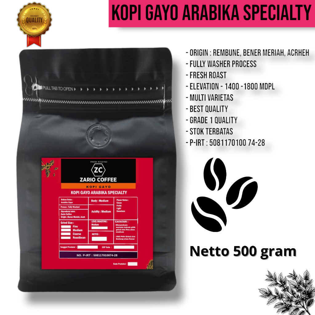 

KOPI ARABIKA GAYO SPECIALTY 500GR ROASTBEAN DAN BUBUK ZARIO