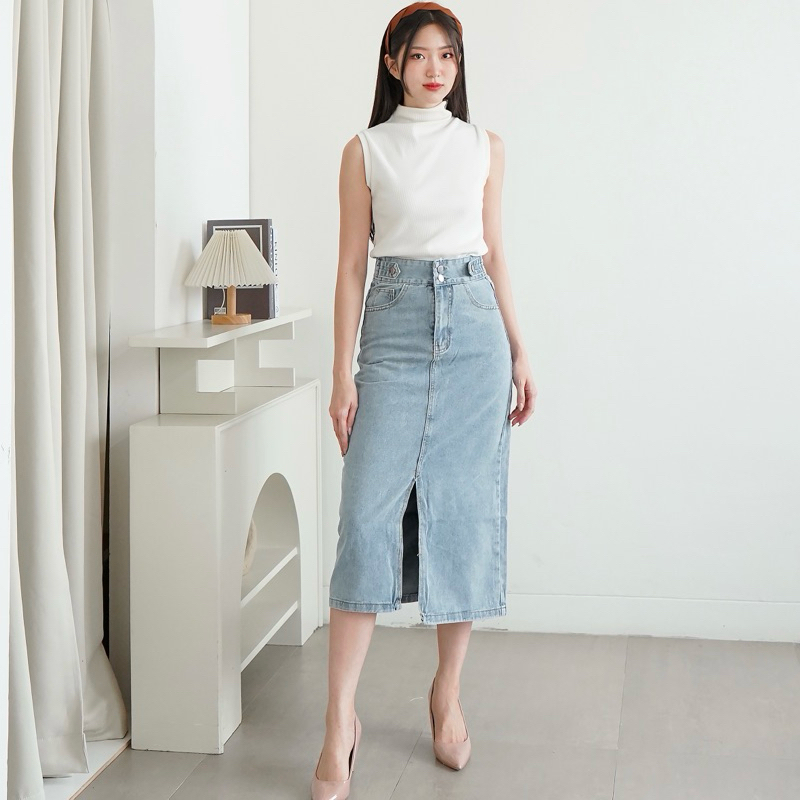 [Beevalue] Midi Split Skirt Rok Jeans Highwaist Dua Kancing Variasi Belt Bahan Premium | Rok Jeans B