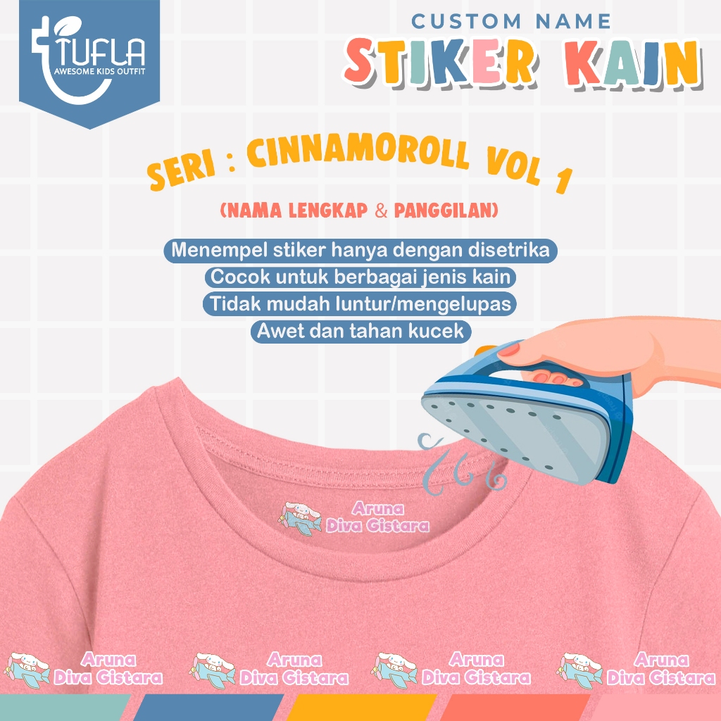 

[ISI 36-84pcs] Stiker Custom Nama Baju Dan Kain Anak Tinggal Setrika Untuk Label Seragam Sekolah Pesantren Asrama Ukuran A4 Karakter CINNAMOROLL VOL 1