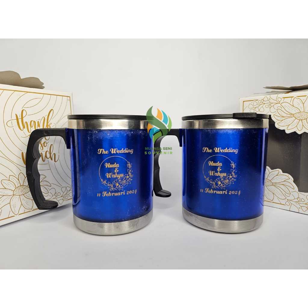 Souvenir Gelas Mug Stainless Warna Cangkir Gagang Tutup Plastik Tumbler Sablon