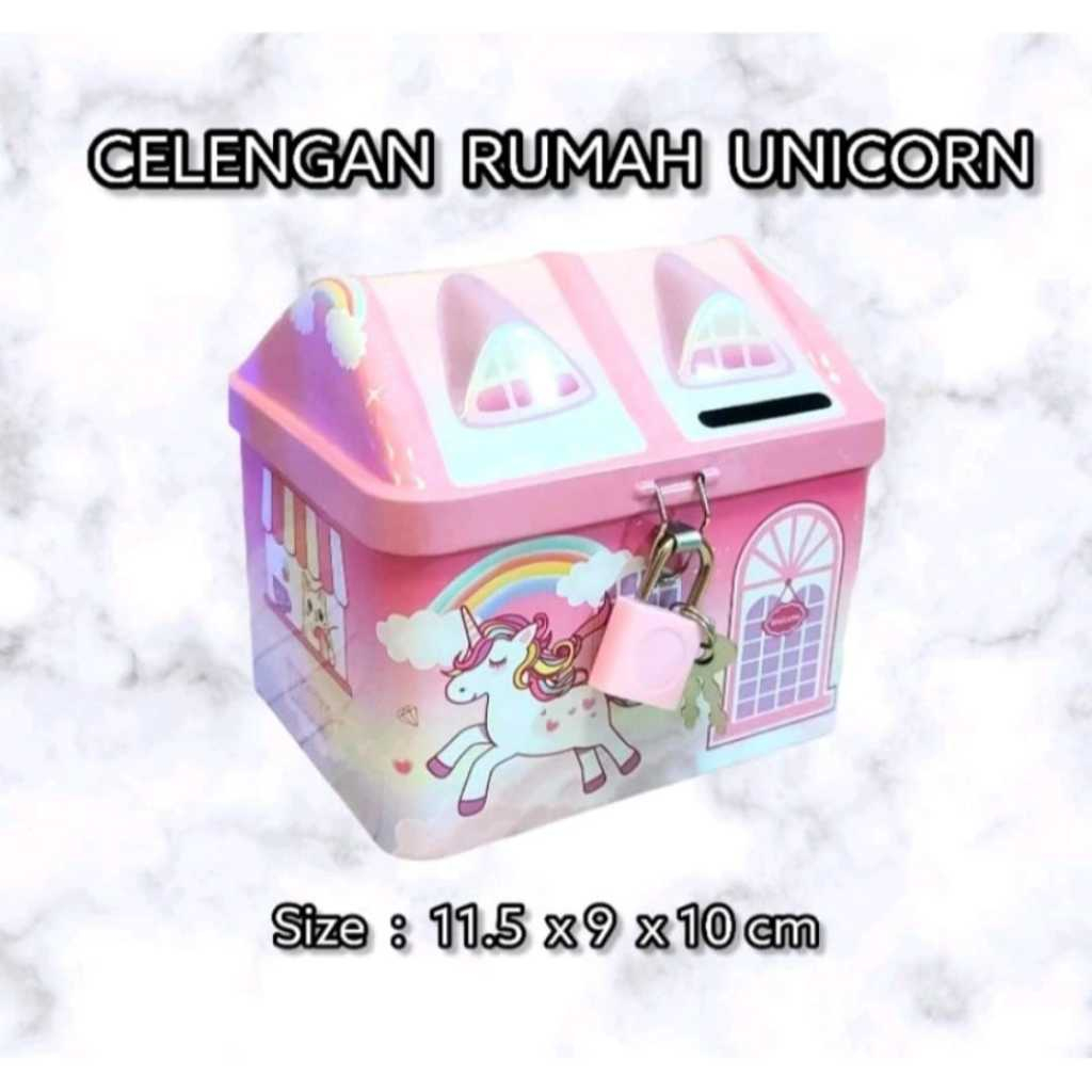 Celengan Anak Bentuk Rumah Motif Unicorn/ Celengan Unicorn+Kunci Gembok/ Celengan Anak motif Animal/