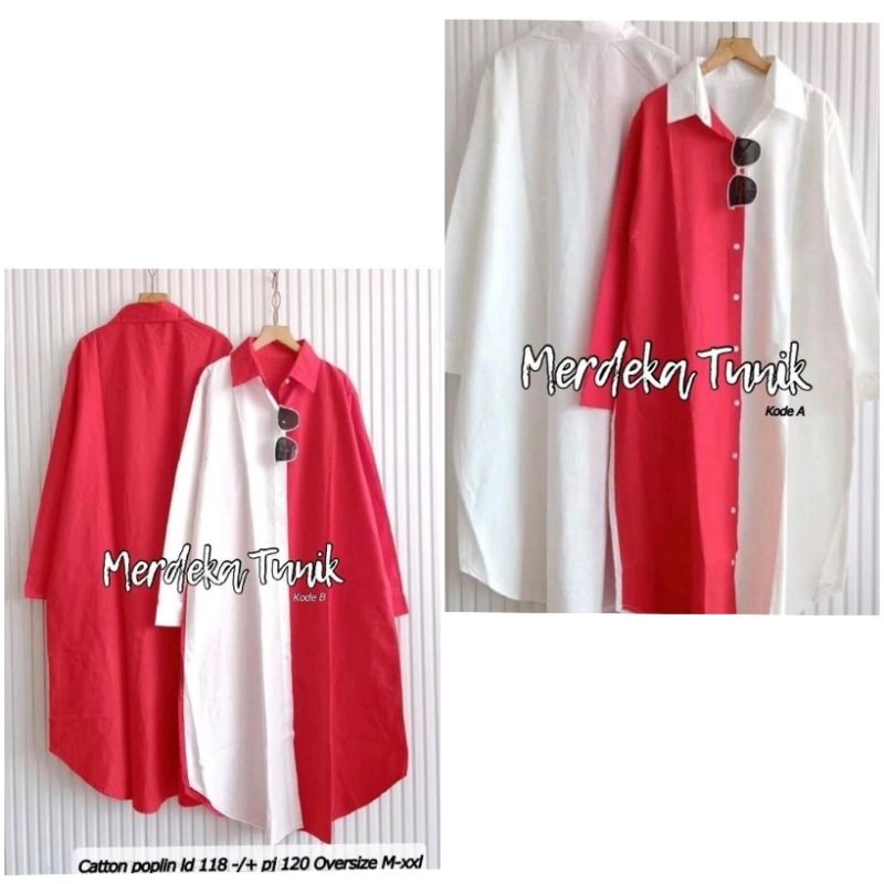 kemeja panjang warna merah putih untuk wanita/kemeja katun merah putih/long tunik wanita merah putih