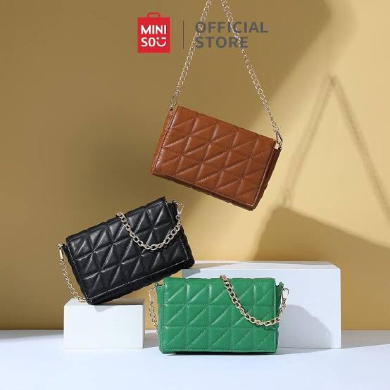 MINISO Women bag Retro soft Ractangle Chains Strap / green and brown / Tas wanita Miniso