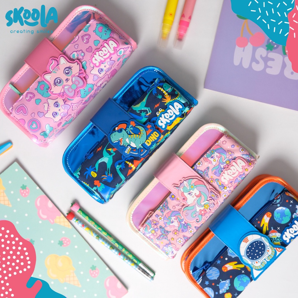 

KODE V63K Skoola Tempat Pensil Lipat 3 Pencil Case Threefold Anak Laki Laki Lucu Dinosaurus Astronot Pensy