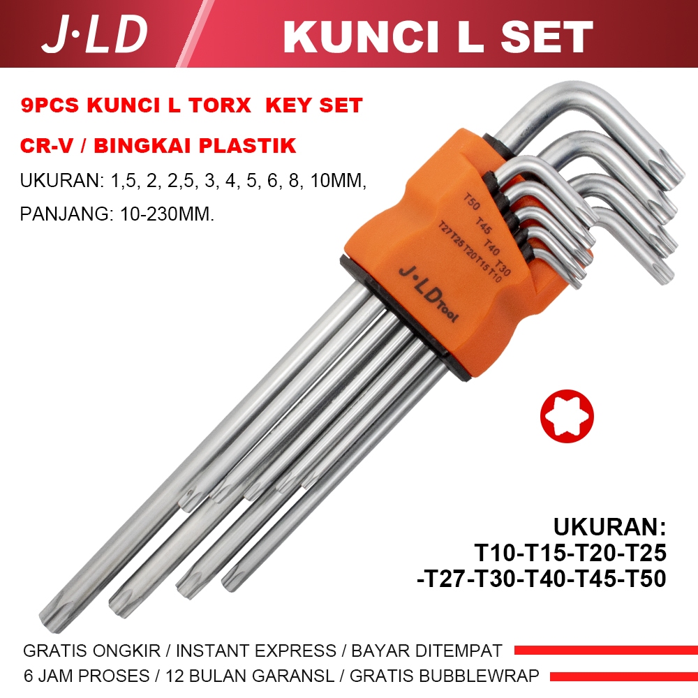 JLD 9pcs KUNCI L BINTANG SET PANJANG Kunci L Set T10-T50 Kunci L Long Torx Key Wrench Set