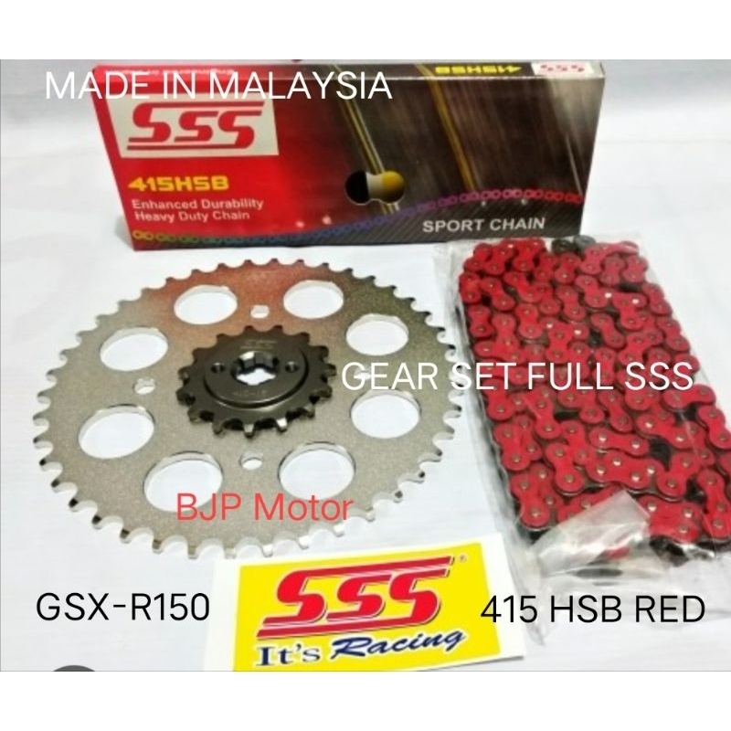 Gear Set SSS 415 GSX - R150 Full Set + Rantai SSS 415 HSB BIRU / MERAH + Gir Depan dan Gir  Belakang